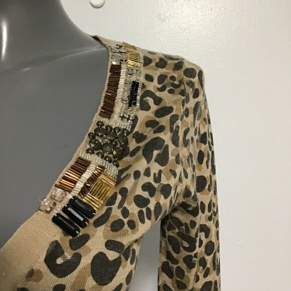 La Chapelle Leopard Print Deep V-Neck Button Front Cardigan Size XS - Picture 3 of 12